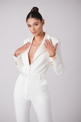 Deep plunge long sleeve tailored jumpsuit